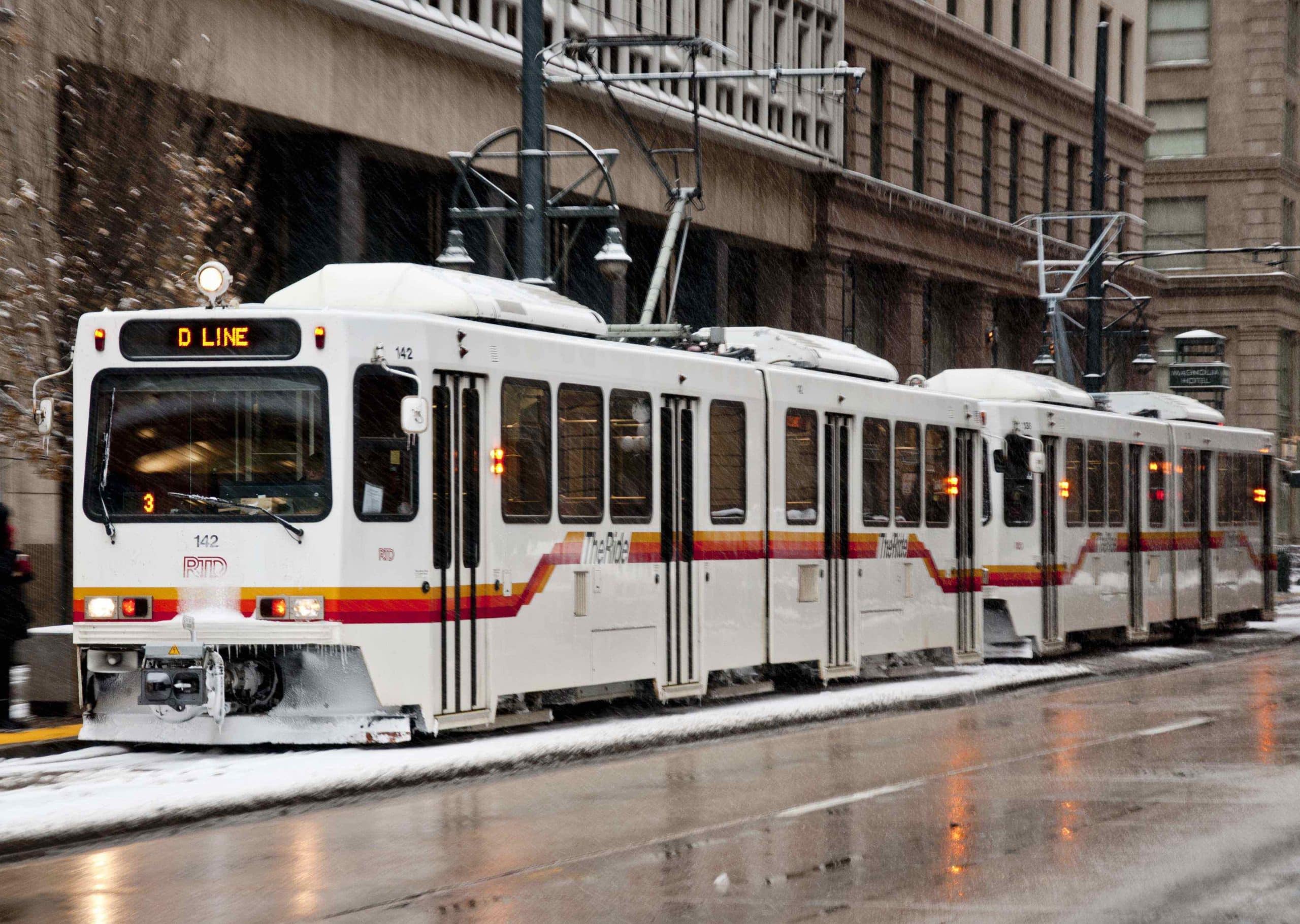 Denver light rail train in snow