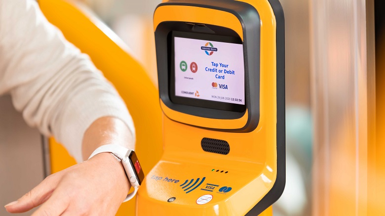 Smart watch making payment on validator on tram in Adelaide